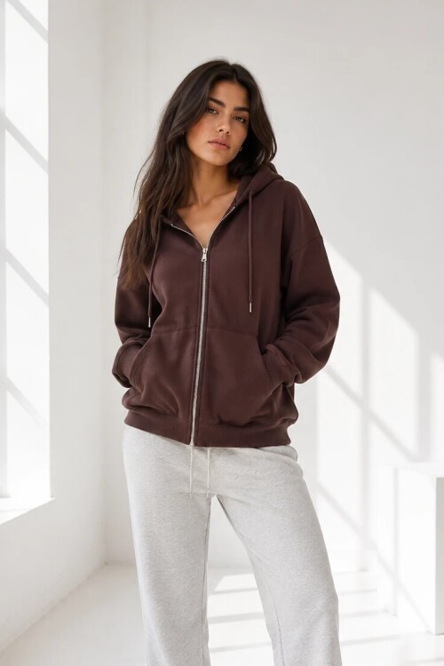 2501 Fermuarlı Kapüşonlu Sweatshirt Acı Kahve