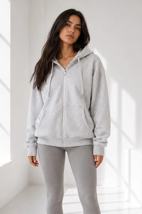 2501 Fermuarlı Kapüşonlu Sweatshirt Karmelanj