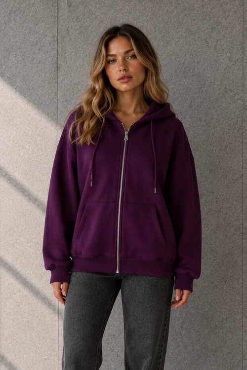 2501 Fermuarlı Kapüşonlu Sweatshirt Mürdüm