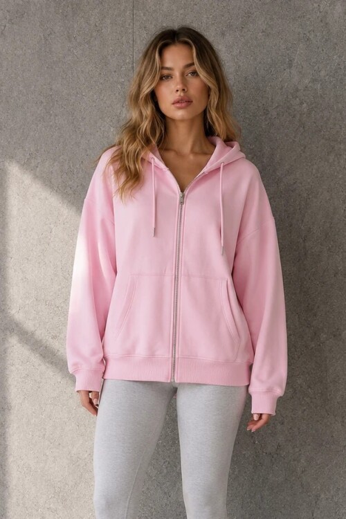 2501 Fermuarlı Kapüşonlu Sweatshirt Pembe