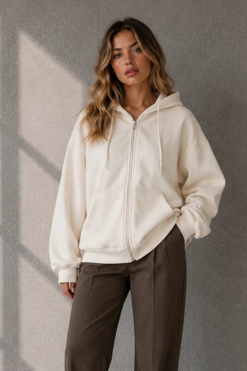 2501 Fermuarlı Kapüşonlu Sweatshirt Taş