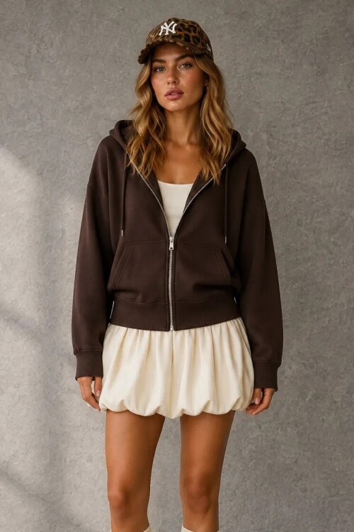 2503 Kapüşonlu Fermuarlı Sweatshirt Acı Kahve