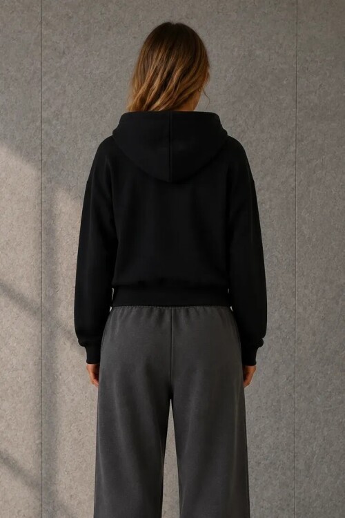 2503 Kapüşonlu Fermuarlı Sweatshirt Siyah