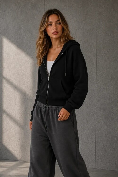 2503 Kapüşonlu Fermuarlı Sweatshirt Siyah