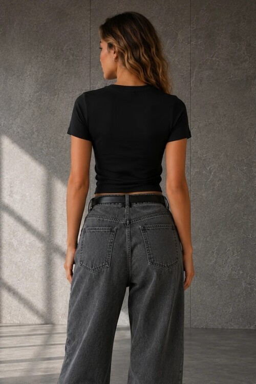 25595 Bisiklet Yaka Crop Siyah