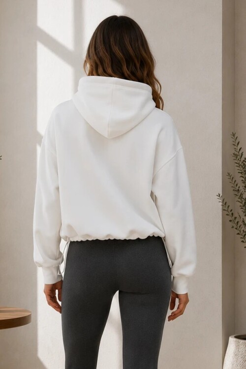 2761 Beli Sıkmalı Kapüşonlu Sweat Ekru