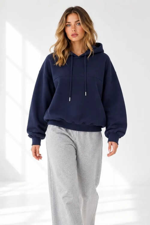2761 Beli Sıkmalı Kapüşonlu Sweat Lacivert