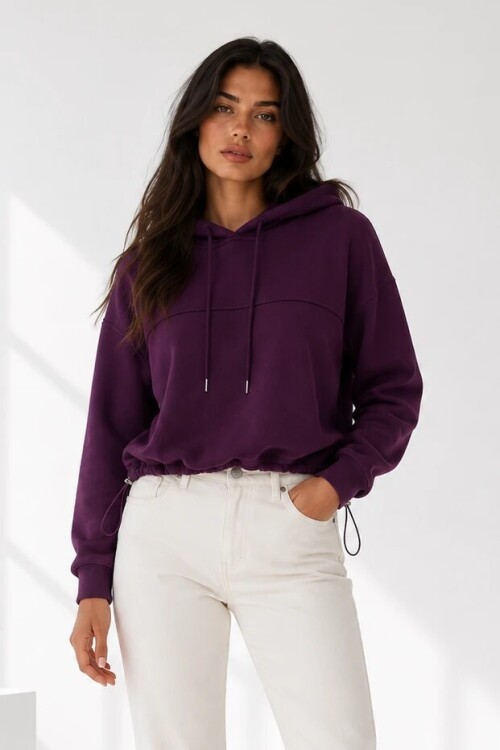 2761 Beli Sıkmalı Kapüşonlu Sweat Mürdüm