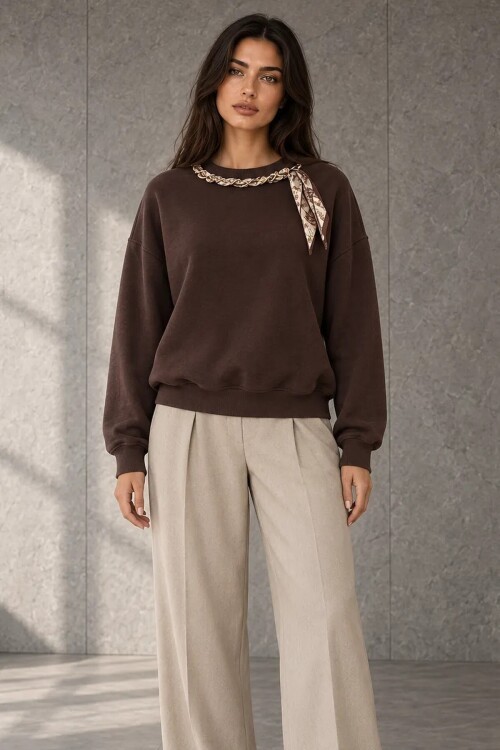 2771 Yakası Fularlı Sweat Acı Kahve