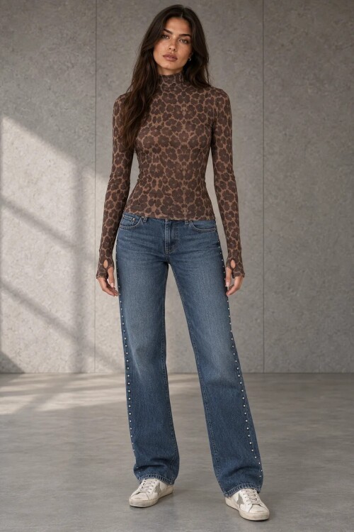 2842 Parmak Geçirmeli  Bluz Leopar