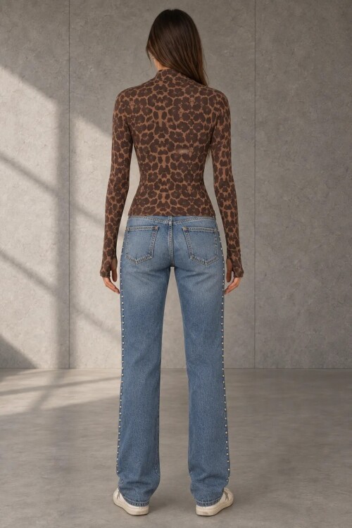 2842 Parmak Geçirmeli  Bluz Leopar
