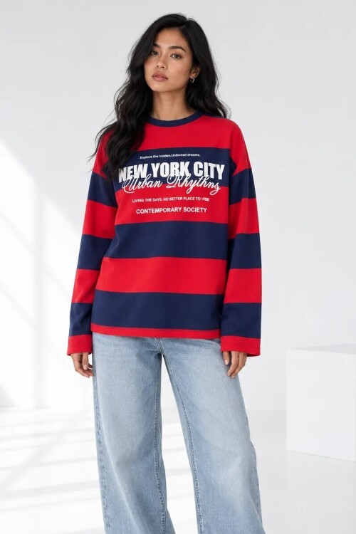 3012 Baskılı Çizgili Sweat Lacivert