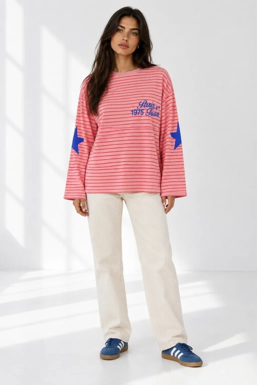 3073 Baskılı Çizgili Sweat Pembe