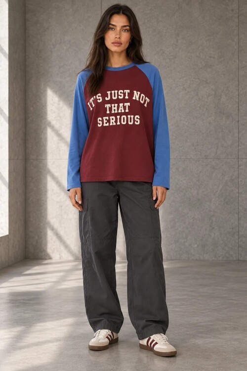 3095 Yazı Baskılı Reglan Kol Sweat Mürdüm