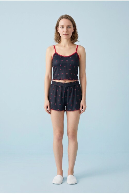 3403 Kiraz Desen Şortlu Takım Siyah