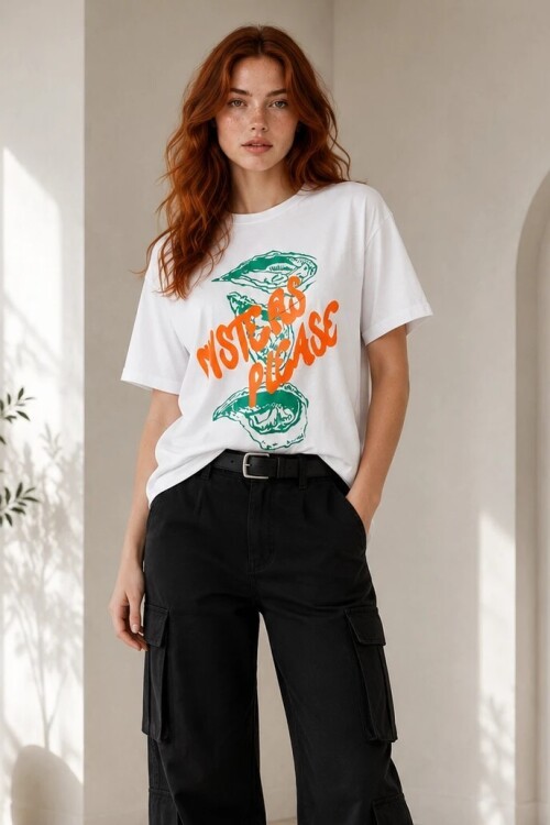 4051-1 Baskılı Tshirt Beyaz