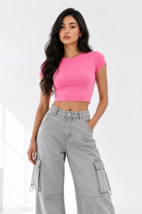 4084 Bisiklet Yaka Crop Pembe