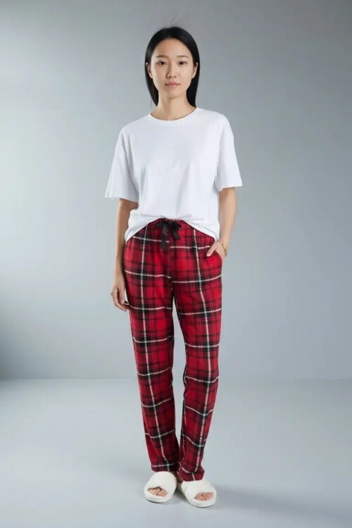 4517 Ekose Desen Pijama Altı Kırmızı