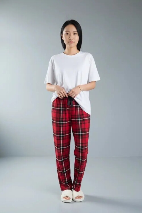 4517 Ekose Desen Pijama Altı Kırmızı