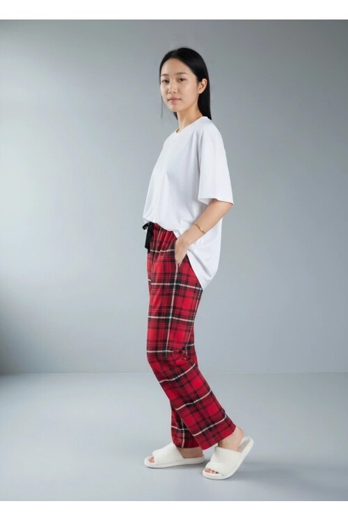 4517 Ekose Desen Pijama Altı Kırmızı