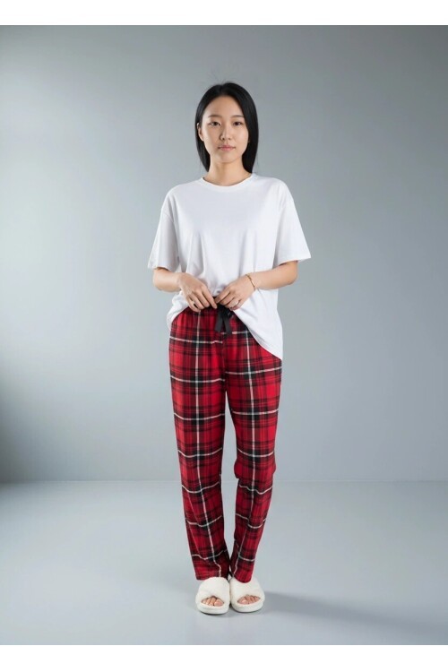 4517 Ekose Desen Pijama Altı Kırmızı
