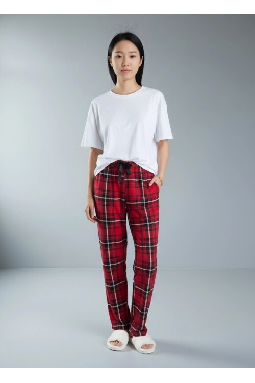 4517 Ekose Desen Pijama Altı Kırmızı