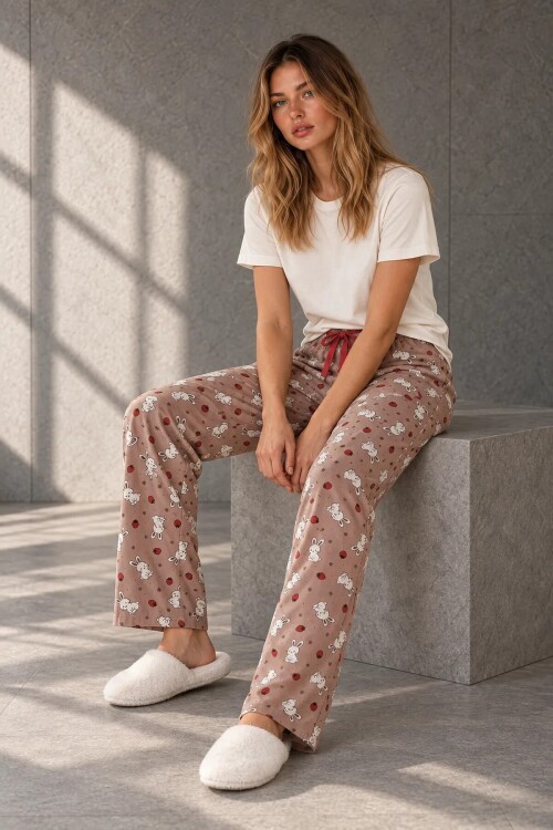 4550 Tavşan Desen Pijama Altı Vizon