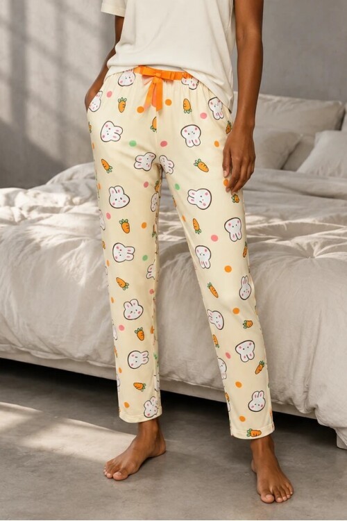 4551 Tavşan Desen Pijama Altı Bej
