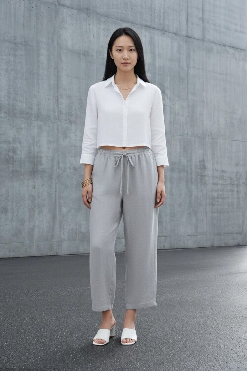 5812 Beli Lastikli Keten Pantolon Gri