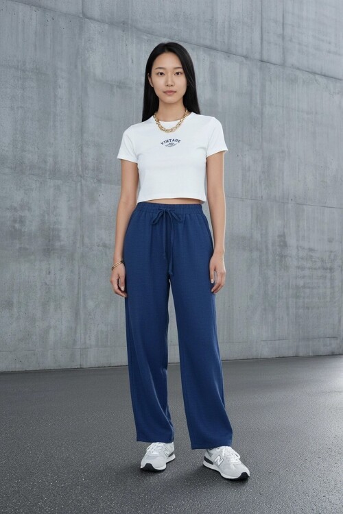 5812 Beli Lastikli Keten Pantolon Lacivert