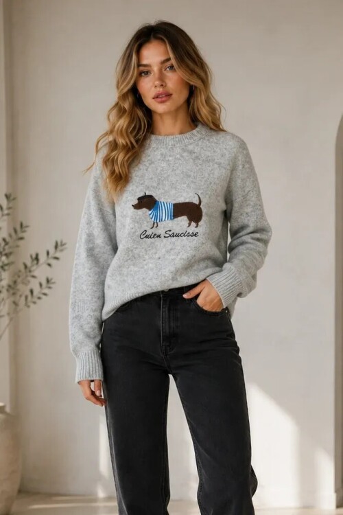 6093 Köpek Nakışlı Kazak Gri