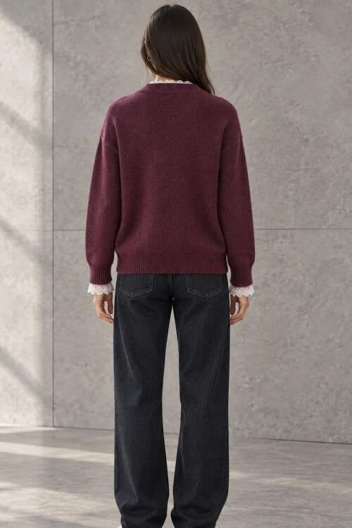 6094 Dantel Detay Kazak Bordo