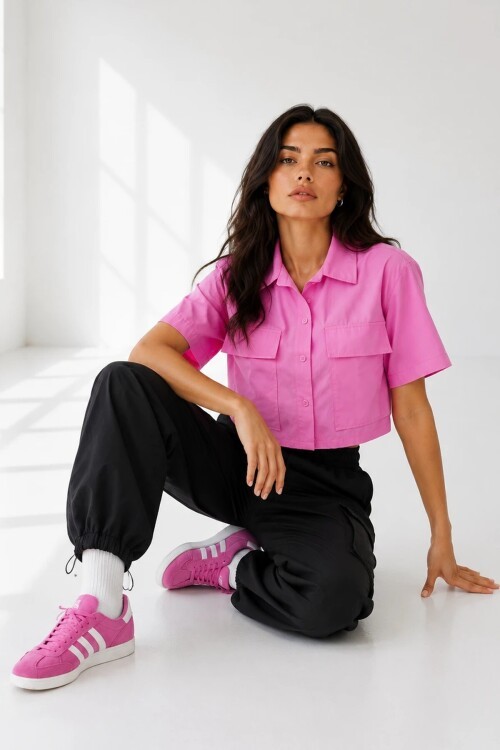 7037 Kapak Cepli Crop Gömlek Pembe