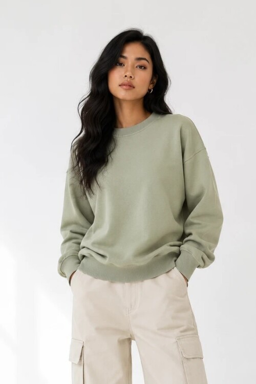 D9544 Bisiklet Yaka Üç İplik Sweat Yag Yesili
