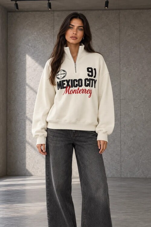MB9159 Dik Yaka Yarım Fermuarlı Sweat Ekru