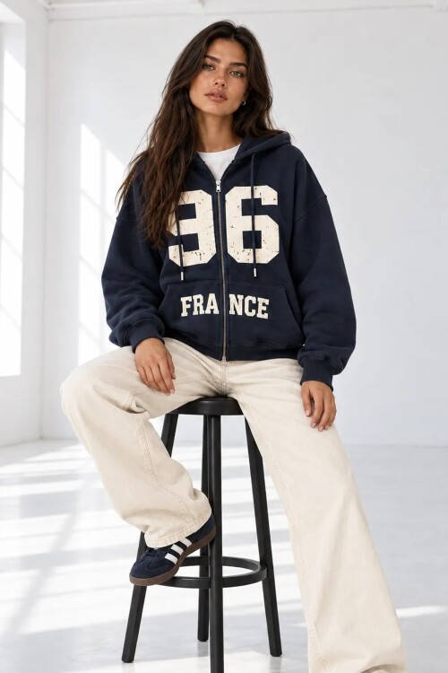MM9018 Fermuarlı Baskılı Sweat Lacivert