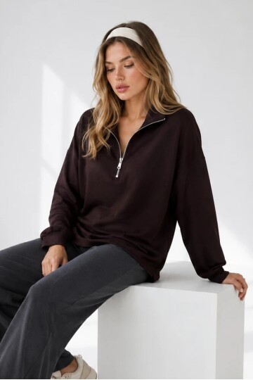 0070 Yarım Fermuarlı Sweat Kahve