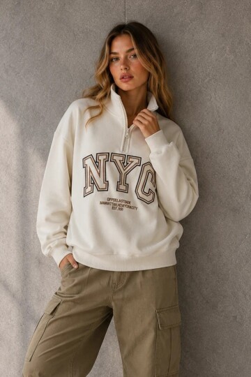 0592-2 Yarım Fermuarlı Dik Yaka Baskılı Sweat Ekru
