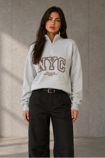 0592-2 Yarım Fermuarlı Dik Yaka Baskılı Sweat Karmelanj