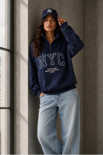0592-2 Yarım Fermuarlı Dik Yaka Baskılı Sweat Lacivert