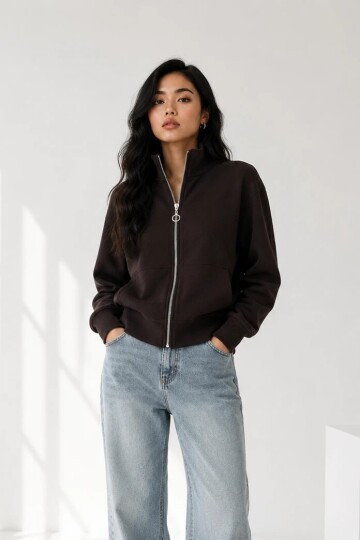 1160 Fermuarlı Dik Yaka Sweat Kahve