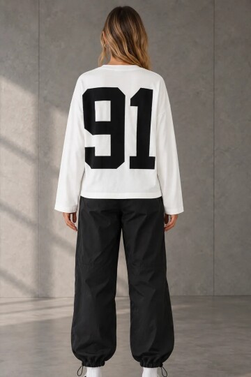 12693 Bisiklet Yaka Baskılı Sweat Ekru