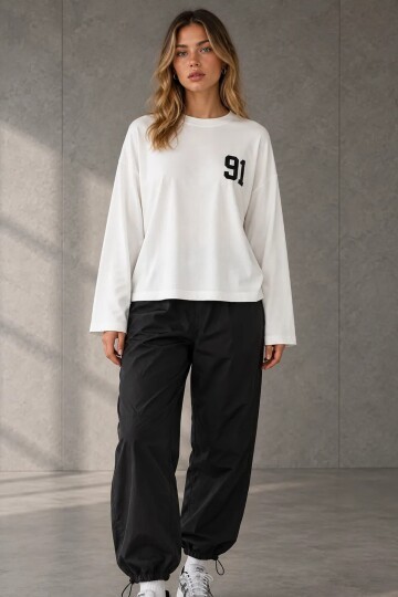 12693 Bisiklet Yaka Baskılı Sweat Ekru