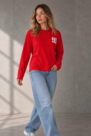 12693 Bisiklet Yaka Baskılı Sweat Kırmızı