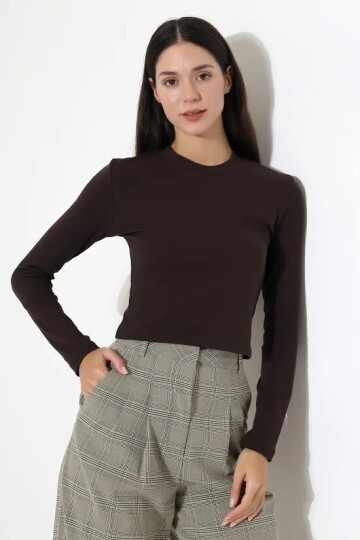 21651 Bisiklet Yaka Crop Kahve
