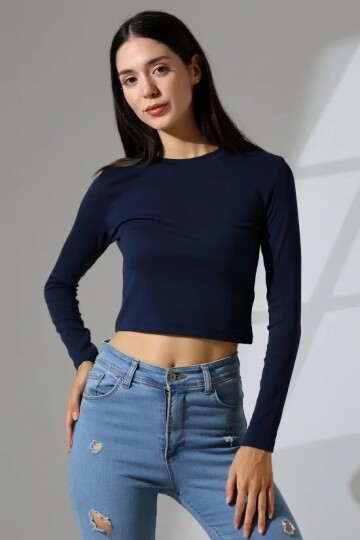 21651 Bisiklet Yaka Crop Lacivert
