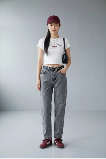 23438 Deri Kemerli Mom Jean Gri