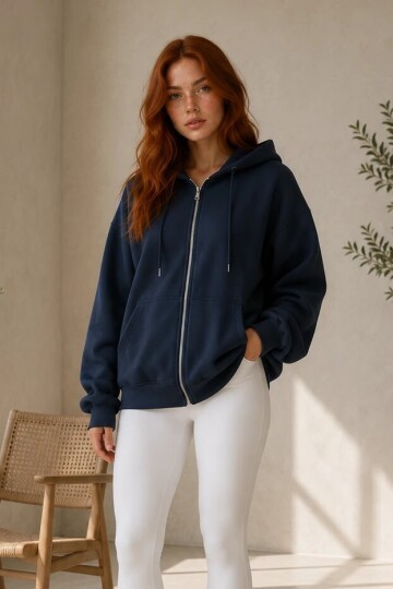 2501 Fermuarlı Kapüşonlu Sweatshirt Lacivert