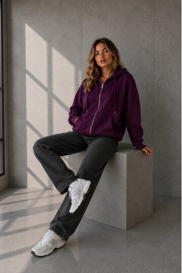 2501 Fermuarlı Kapüşonlu Sweatshirt Mürdüm