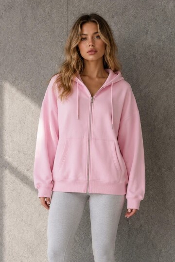 2501 Fermuarlı Kapüşonlu Sweatshirt Pembe